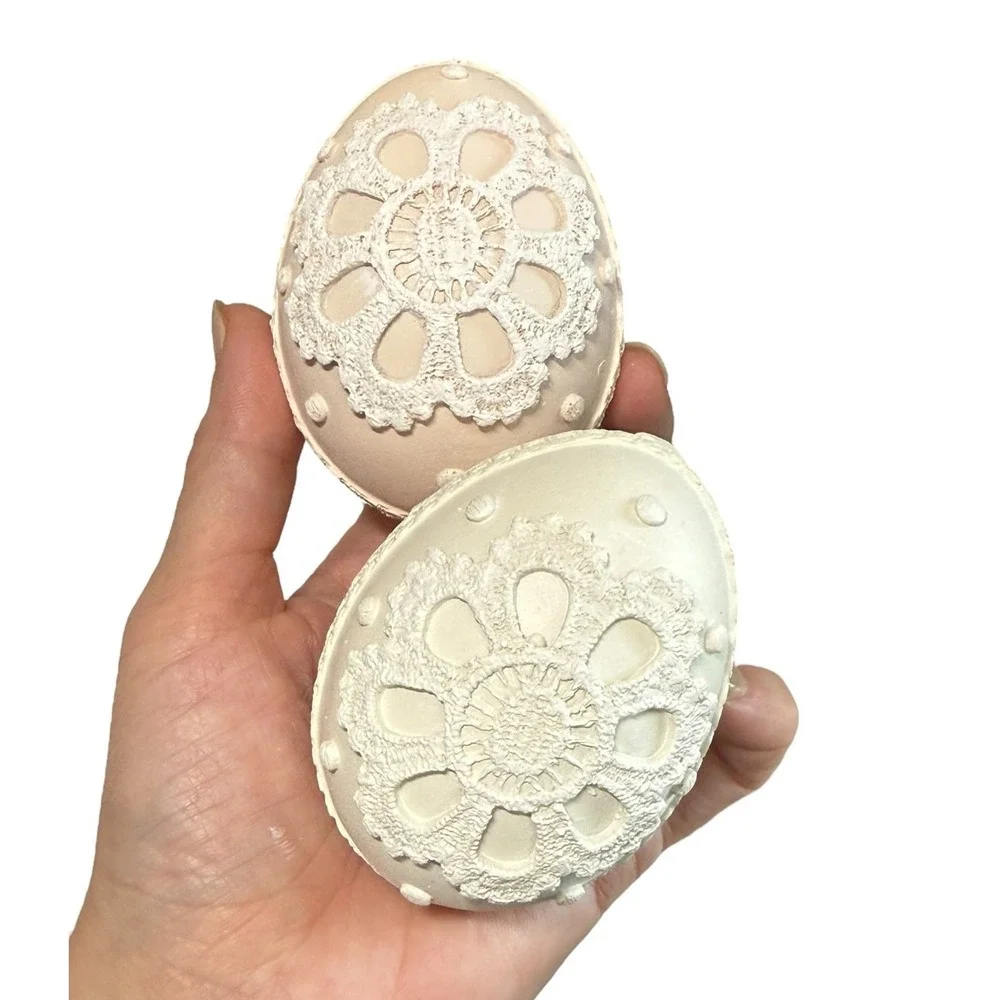 House &‎ Garden Wooden Easter Eggs Set of 6 Lace Cottage Grandmillennial Decor